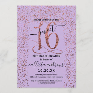 Girly Lavender Rose Gold Confetti Border Sweet 16 Invitation