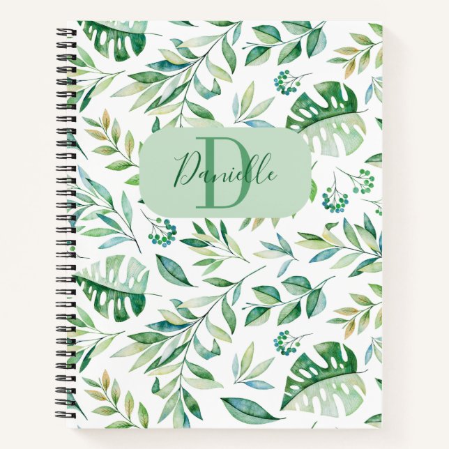 Girly Leaves Pattern Greenery Monogram Name Notebook (Front)