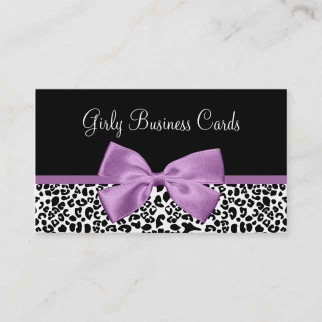 Girly Leopard Print Boutique Cute Light Purple Bow Business Card (Front)