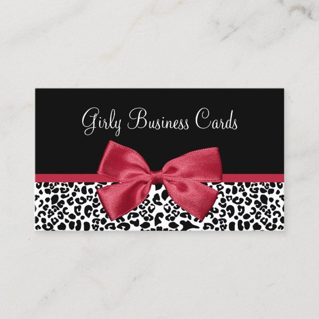 Girly Leopard Print Boutique Cute Red Ribbon Business Card (Front)