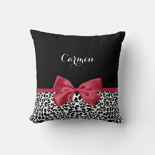 Girly Leopard Print Bright Red Ribbon With Name Cushion (Front)
