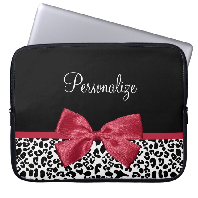 Girly Leopard Print Bright Red Ribbon With Name Laptop Sleeve (Front)