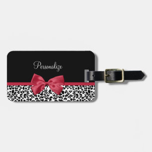 Girly Leopard Print Bright Red Ribbon With Name Luggage Tag
