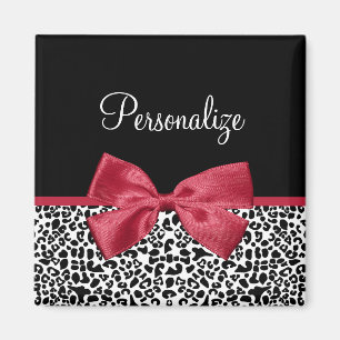 Girly Leopard Print Bright Red Ribbon With Name Magnet