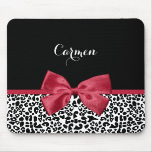 Girly Leopard Print Bright Red Ribbon With Name Mouse Mat