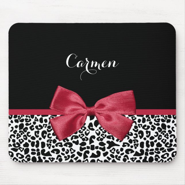 Girly Leopard Print Bright Red Ribbon With Name Mouse Mat (Front)