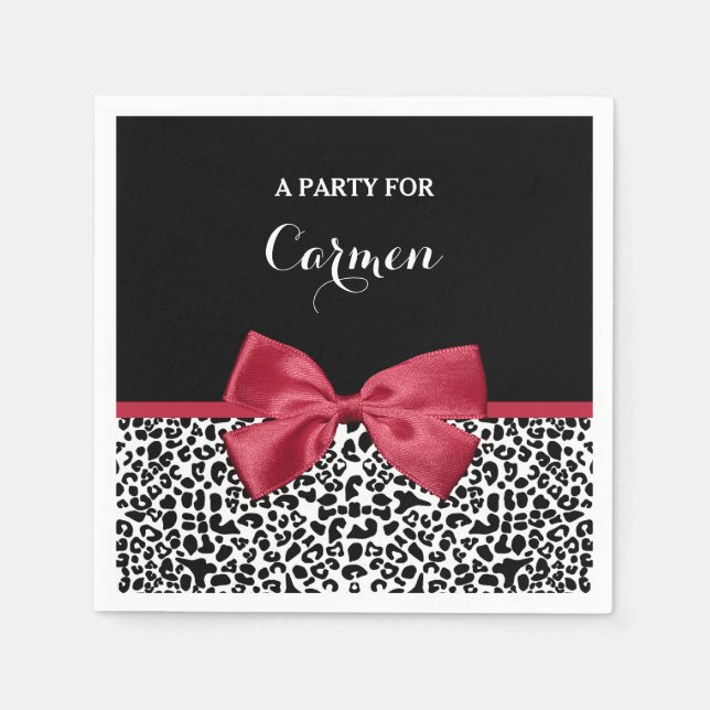 Girly Leopard Print Bright Red Ribbon With Name Napkin (Front)
