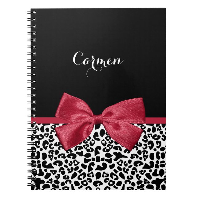 Girly Leopard Print Bright Red Ribbon With Name Notebook (Front)