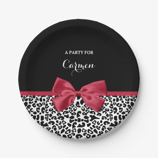 Girly Leopard Print Bright Red Ribbon With Name Paper Plate (Front)