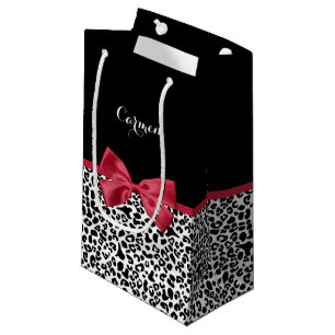 Girly Leopard Print Bright Red Ribbon With Name Small Gift Bag