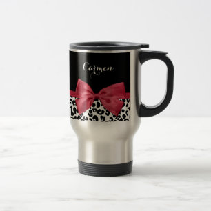 Girly Leopard Print Bright Red Ribbon With Name Travel Mug