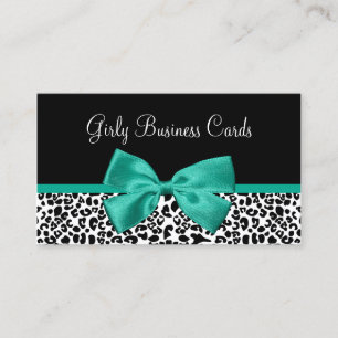 Girly Leopard Print Emerald Green Ribbon Business Card