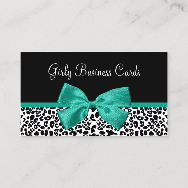 Girly Leopard Print Emerald Green Ribbon Business Card (Front)