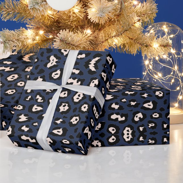 Girly leopard print pattern blush pink navy blue wrapping paper (Holidays)