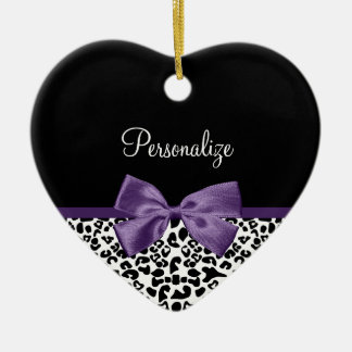 Girly Leopard Print Pretty Purple Ribbon With Name Ceramic Tree Decoration