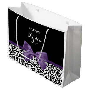 Girly Leopard Print Pretty Purple Ribbon With Name Large Gift Bag
