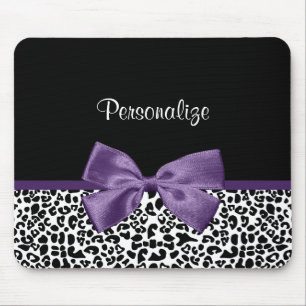 Girly Leopard Print Pretty Purple Ribbon With Name Mouse Mat