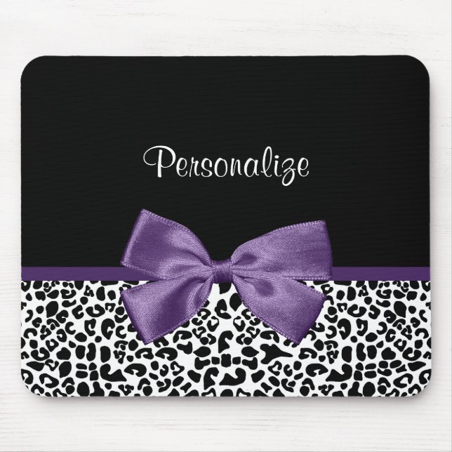 Girly Leopard Print Pretty Purple Ribbon With Name Mouse Mat (Front)