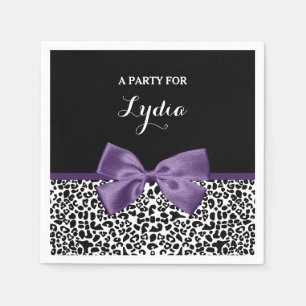Girly Leopard Print Pretty Purple Ribbon With Name Napkin
