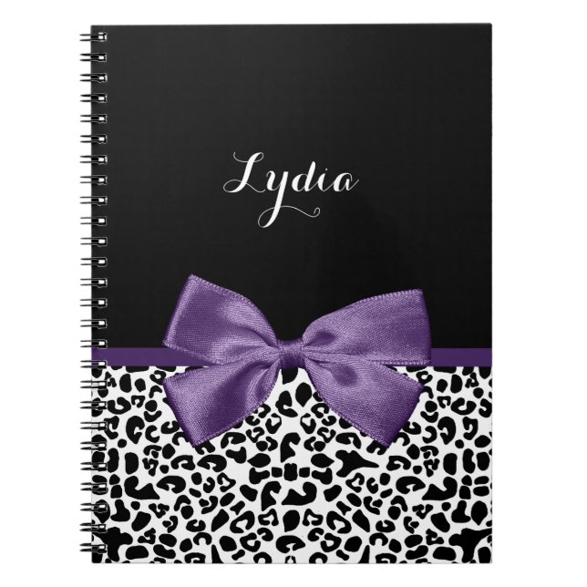 Girly Leopard Print Pretty Purple Ribbon With Name Notebook (Front)