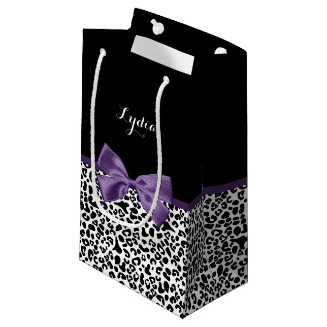Girly Leopard Print Pretty Purple Ribbon With Name Small Gift Bag (Front Angled)