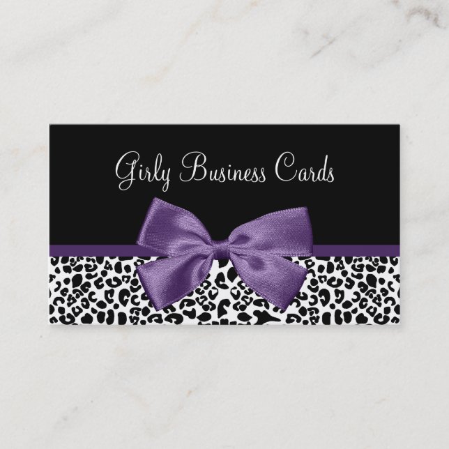 Girly Leopard Print Trendy Purple Ribbon Business Card (Front)