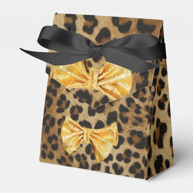 Girly Leopard Print With Bling Gold Bow Favour Box (Front Side)