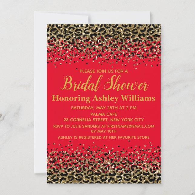 Girly Leopard Red & Gold Customised Bridal Shower Invitation (Front)