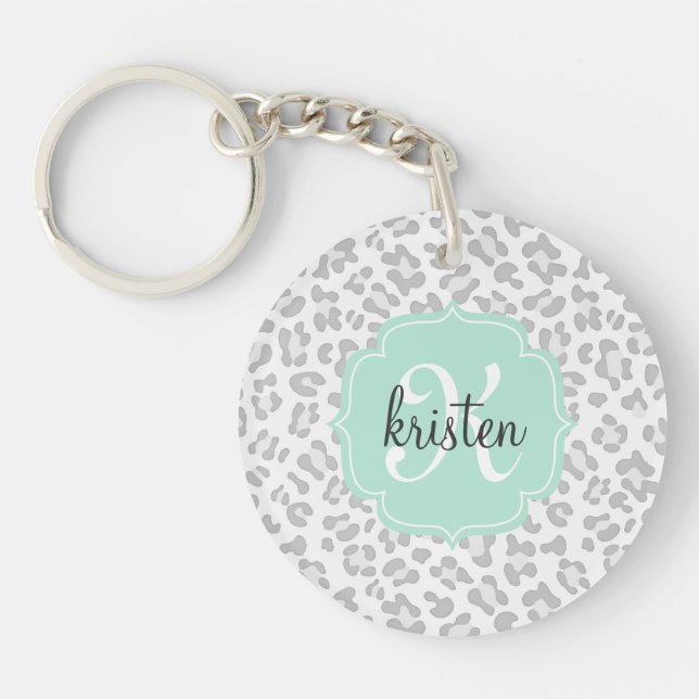 Girly Leopard Silver and Mint Green Personalised Key Ring (Front)
