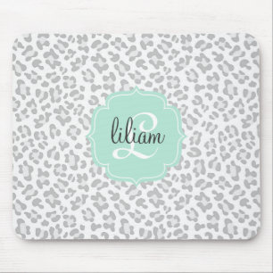 Girly Leopard Silver and Mint Green Personalised Mouse Mat
