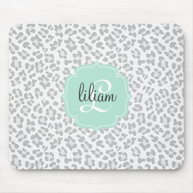 Girly Leopard Silver and Mint Green Personalised Mouse Mat (Front)