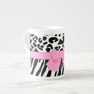 Girly Leopard Zebra Animal Print and Cute Pink Bow Bone China Mug
