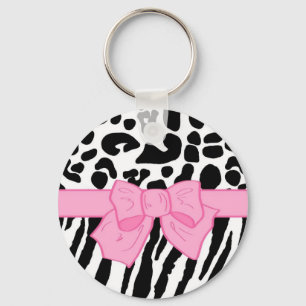 Girly Leopard Zebra Animal Print and Cute Pink Bow Key Ring