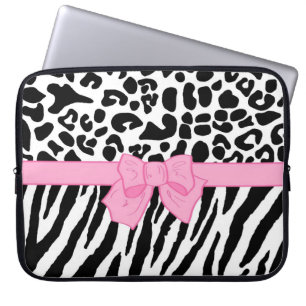 Girly Leopard Zebra Animal Print and Cute Pink Bow Laptop Sleeve