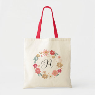 Girly Letter A   Whimsical Floral Letter Monogram Tote Bag