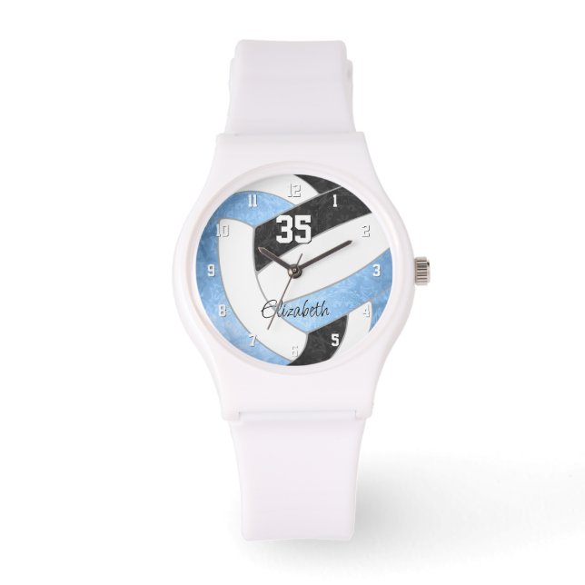 girly light blue black personalised volleyball watch (Front)