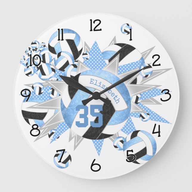 girly light blue black volleyballs and stars large clock (Front)