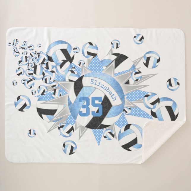 girly light blue black volleyballs and stars sherpa blanket (Front (Horizontal))