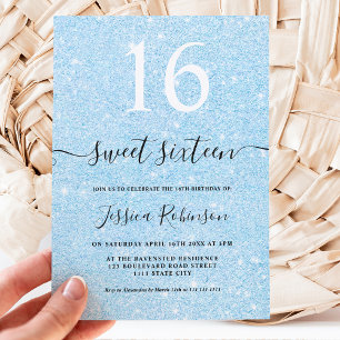 Girly light blue glitter sparkles chic Sweet 16 Invitation