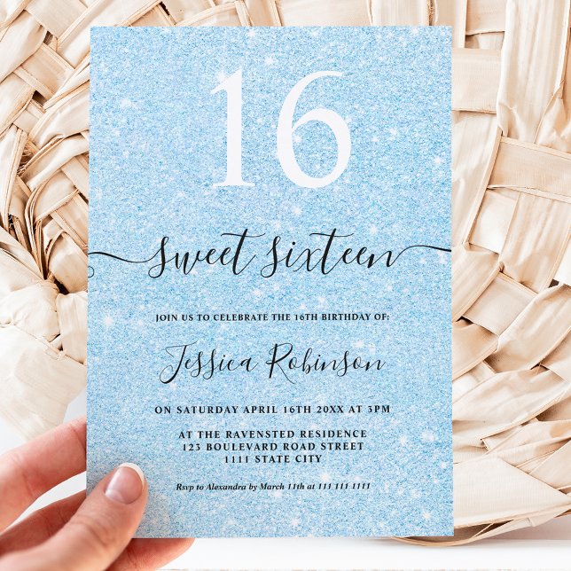 Girly light blue glitter sparkles chic Sweet 16 Invitation (Creator Uploaded)