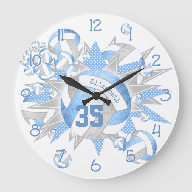 girly light blue grey volleyballs and stars large clock (Front)