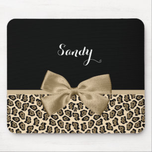 Girly Light Brown Jaguar Cute Brown Bow With Name Mouse Mat