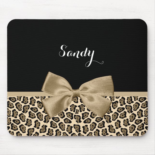 Girly Light Brown Jaguar Cute Brown Bow With Name Mouse Mat (Front)