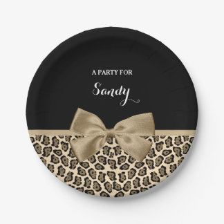 Girly Light Brown Jaguar Cute Brown Bow With Name Paper Plate