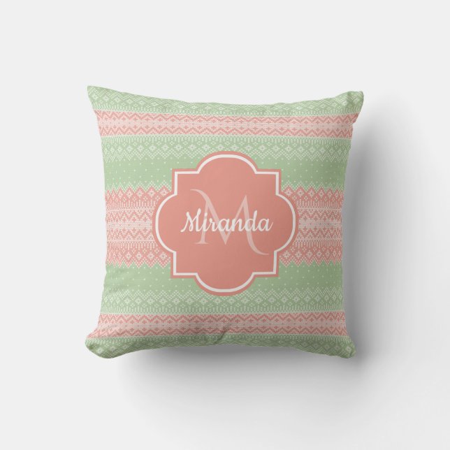 Girly Light Green Knit Coral Pink Stripes and Name Cushion (Front)