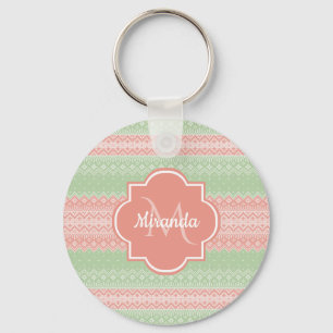 Girly Light Green Knit Coral Pink Stripes and Name Key Ring