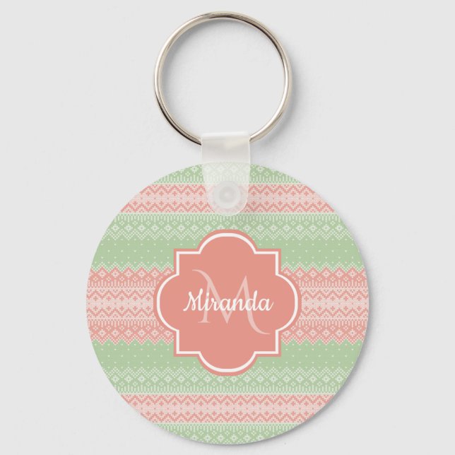 Girly Light Green Knit Coral Pink Stripes and Name Key Ring (Front)