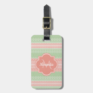 Girly Light Green Knit Coral Pink Stripes and Name Luggage Tag