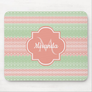 Girly Light Green Knit Coral Pink Stripes and Name Mouse Mat