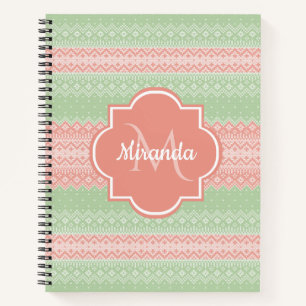 Girly Light Green Knit Coral Pink Stripes and Name Notebook